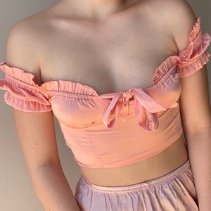 Off-the-shoulder satin front tie top